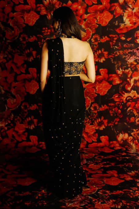 Shop_House Of TA-YA_Black Georgette Sequins, Embroidery Halter Neck Saree Set _at_Aza_Fashions