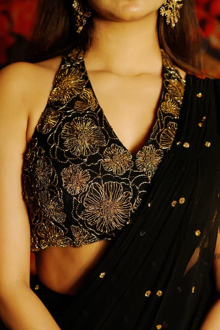 Buy_House Of TA-YA_Black Georgette Sequins, Embroidery Halter Neck Saree Set _Online_at_Aza_Fashions