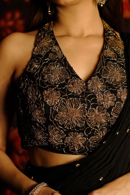 Buy_House Of TA-YA_Black Georgette Sequins, Embroidery Halter Neck Saree Set 