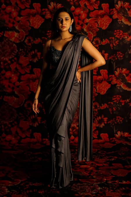 HOUSE OF TA-YA Embroidered Pre-Draped Saree With Blouse 