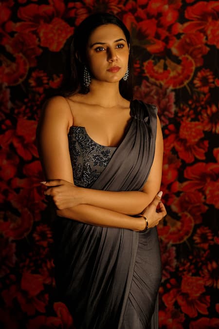 Shop House Of TA-YA Gray Satin Embroidery, Applique, Sequins, Beads Round Grey Pre-draped Saree Online at Aza Fashions Shop_House Of TA-YA_Gray Satin Embroidery, Applique, Sequins, Beads Round Grey Pre-draped Saree _Online_at_Aza_Fashions