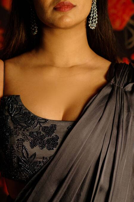 House Of TA-YA Gray Satin Embroidery, Applique, Sequins, Beads Round Grey Pre-draped Saree at Aza Fashions House Of TA-YA_Gray Satin Embroidery, Applique, Sequins, Beads Round Grey Pre-draped Saree _at_Aza_Fashions