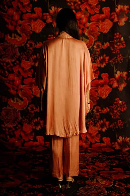 Shop_House Of TA-YA_Peach Satin Beads V-neck Embroidered Kaftan And Pant Set _at_Aza_Fashions