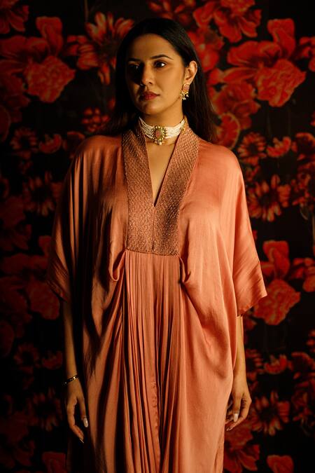House Of TA-YA_Peach Satin Beads V-neck Embroidered Kaftan And Pant Set _Online_at_Aza_Fashions