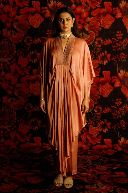 Buy_House Of TA-YA_Peach Satin Beads V-neck Embroidered Kaftan And Pant Set _Online_at_Aza_Fashions