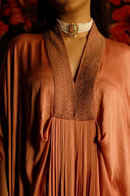 Shop_House Of TA-YA_Peach Satin Beads V-neck Embroidered Kaftan And Pant Set _Online_at_Aza_Fashions