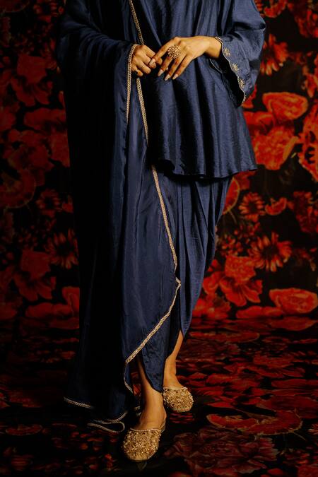 House Of TA-YA_Blue Chanderi, Viscose Embroidery V-neck Floral Dabka Zardozi Kurta Set _at_Aza_Fashions