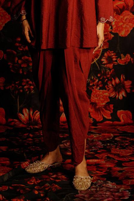 House Of TA-YA_Maroon Chanderi, Viscose Diamonds V-neck Dabka Embroidered Kurta Dhoti Set _Online_at_Aza_Fashions