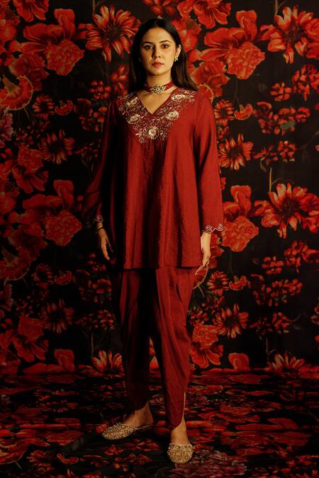 Buy_House Of TA-YA_Maroon Chanderi, Viscose Diamonds V-neck Dabka Embroidered Kurta Dhoti Set _Online_at_Aza_Fashions
