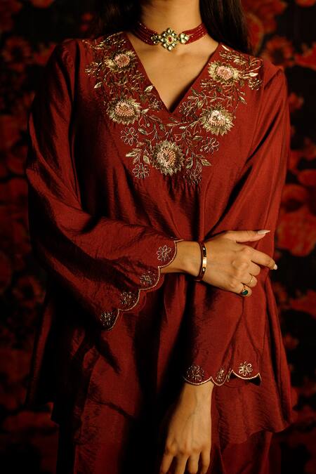 Shop_House Of TA-YA_Maroon Chanderi, Viscose Diamonds V-neck Dabka Embroidered Kurta Dhoti Set _Online_at_Aza_Fashions