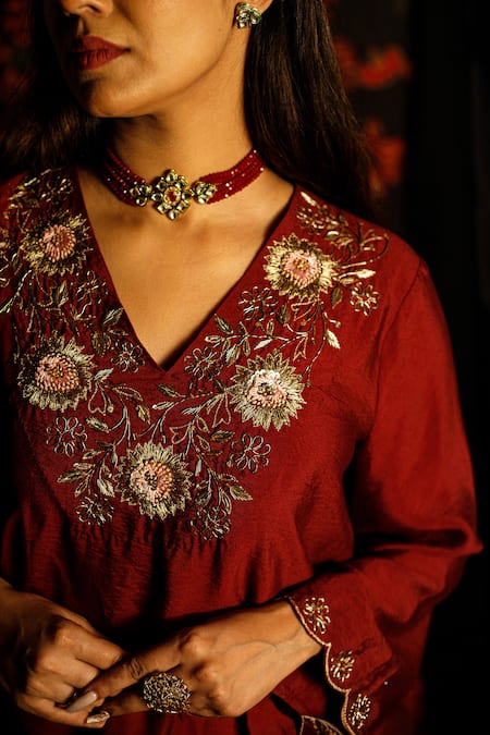 House Of TA-YA_Maroon Chanderi, Viscose Diamonds V-neck Dabka Embroidered Kurta Dhoti Set _at_Aza_Fashions