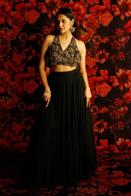 HOUSE OF TA-YA 3D Floral Embroidered Black Lehenga Set 