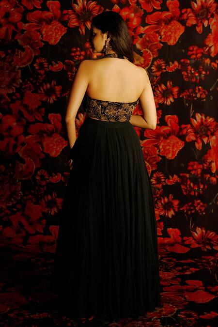 Shop_HOUSE OF TA-YA_Black Georgette Embroidery Halter Neck 3d Floral Lehenga Set _at_Aza_Fashions