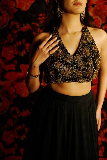 HOUSE OF TA-YA_Black Georgette Embroidery Halter Neck 3d Floral Lehenga Set _Online_at_Aza_Fashions