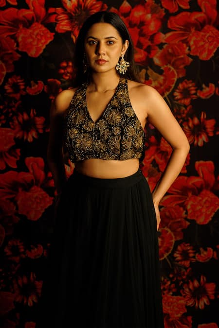 Buy_HOUSE OF TA-YA_Black Georgette Embroidery Halter Neck 3d Floral Lehenga Set _Online_at_Aza_Fashions