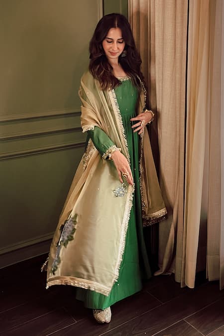Buy_Rivaaj Clothing_Green Organza, Modal, Silk Embroidery Round Neck Bloom Vine Anarkali Set _Online_at_Aza_Fashions