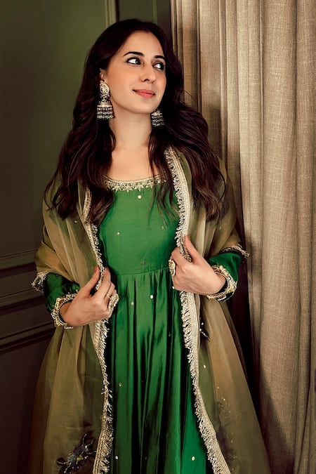 Shop_Rivaaj Clothing_Green Organza, Modal, Silk Embroidery Round Neck Bloom Vine Anarkali Set _Online_at_Aza_Fashions