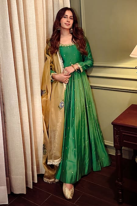 Rivaaj Clothing_Green Organza, Modal, Silk Embroidery Round Neck Bloom Vine Anarkali Set _at_Aza_Fashions