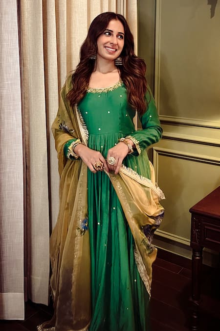 Buy_Rivaaj Clothing_Green Organza, Modal, Silk Embroidery Round Neck Bloom Vine Anarkali Set 