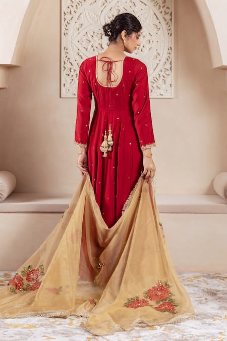 Shop Rivaaj Clothing Maroon Organza, Modal Sequins, Embroidery Round Neck Blossom Vine Anarkali Set at Aza Fashions Shop_Rivaaj Clothing_Maroon Organza, Modal Sequins, Embroidery Round Neck Blossom Vine Anarkali Set _at_Aza_Fashions
