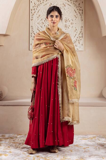 Rivaaj Clothing Maroon Organza, Modal Sequins, Embroidery Round Neck Blossom Vine Anarkali Set Online at Aza Fashions Rivaaj Clothing_Maroon Organza, Modal Sequins, Embroidery Round Neck Blossom Vine Anarkali Set _Online_at_Aza_Fashions