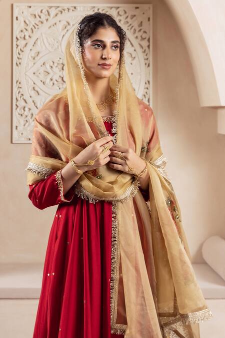 Shop Rivaaj Clothing Maroon Organza, Modal Sequins, Embroidery Round Neck Blossom Vine Anarkali Set Online at Aza Fashions Shop_Rivaaj Clothing_Maroon Organza, Modal Sequins, Embroidery Round Neck Blossom Vine Anarkali Set _Online_at_Aza_Fashions