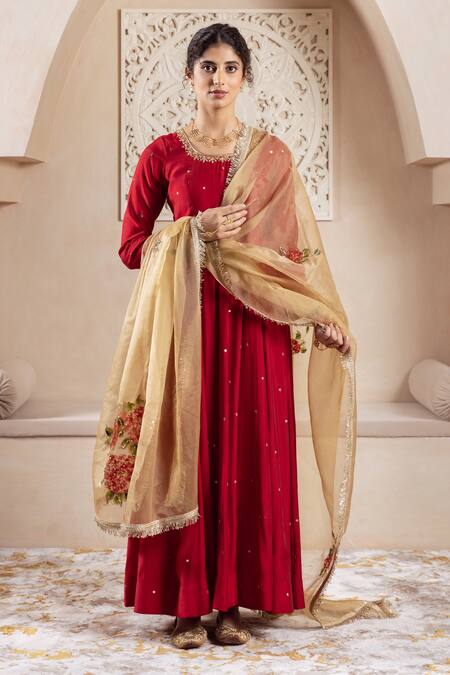 Rivaaj Clothing Maroon Organza, Modal Sequins, Embroidery Round Neck Blossom Vine Anarkali Set at Aza Fashions Rivaaj Clothing_Maroon Organza, Modal Sequins, Embroidery Round Neck Blossom Vine Anarkali Set _at_Aza_Fashions