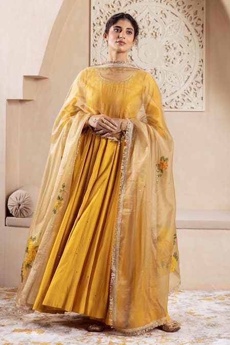 Rivaaj Clothing_Yellow Organza, Modal, Silk Embroidery Round Neck Phool Vine Anarkali Set _Online_at_Aza_Fashions