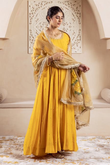 Buy_Rivaaj Clothing_Yellow Organza, Modal, Silk Embroidery Round Neck Phool Vine Anarkali Set _Online_at_Aza_Fashions