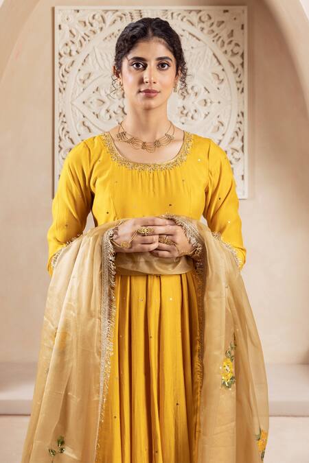 Shop_Rivaaj Clothing_Yellow Organza, Modal, Silk Embroidery Round Neck Phool Vine Anarkali Set _Online_at_Aza_Fashions