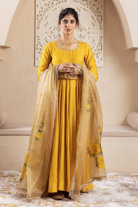 Rivaaj Clothing_Yellow Organza, Modal, Silk Embroidery Round Neck Phool Vine Anarkali Set _at_Aza_Fashions