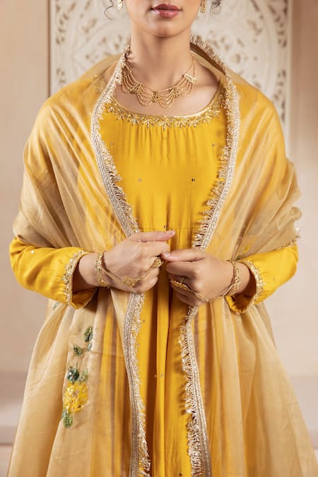 Buy_Rivaaj Clothing_Yellow Organza, Modal, Silk Embroidery Round Neck Phool Vine Anarkali Set 