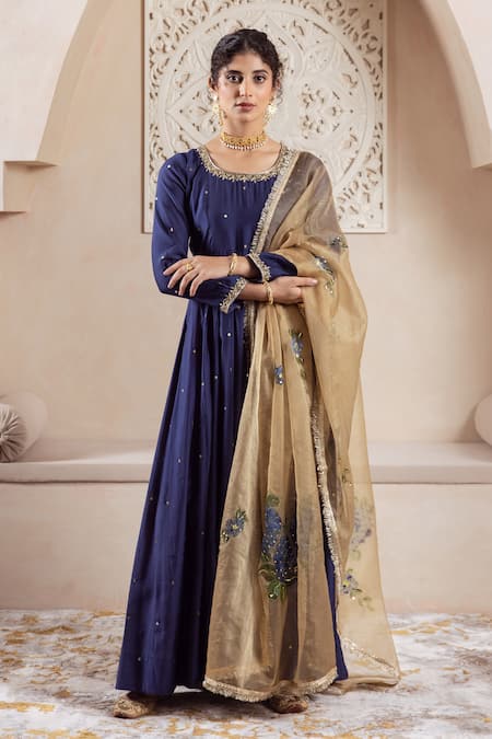 Rivaaj Clothing Blue Organza, Modal Sequins Round Neck Flora Vine Embroidered Anarkali Set