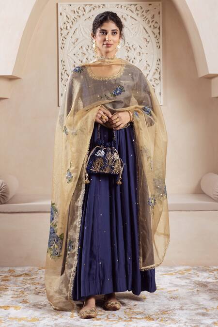 Buy_Rivaaj Clothing_Blue Organza, Modal Sequins Round Neck Flora Vine Embroidered Anarkali Set _Online_at_Aza_Fashions
