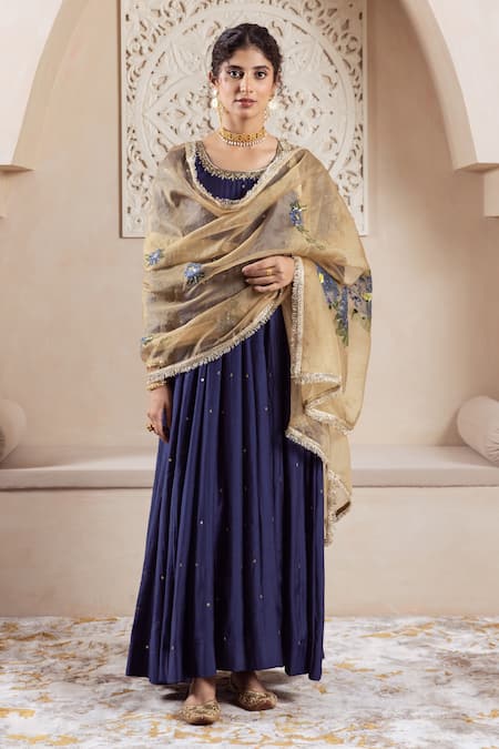 Shop_Rivaaj Clothing_Blue Organza, Modal Sequins Round Neck Flora Vine Embroidered Anarkali Set _Online_at_Aza_Fashions
