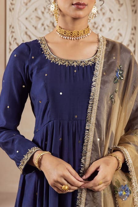 Rivaaj Clothing_Blue Organza, Modal Sequins Round Neck Flora Vine Embroidered Anarkali Set _at_Aza_Fashions