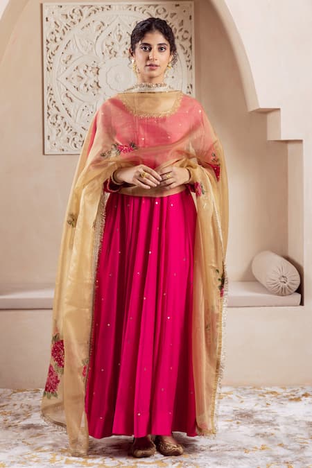 Rivaaj Clothing Pink Organza, Modal Sequins, Embroidery Floral Vine Anarkali Set With Dupatta Online at Aza Fashions Rivaaj Clothing_Pink Organza, Modal Sequins, Embroidery Floral Vine Anarkali Set With Dupatta _Online_at_Aza_Fashions