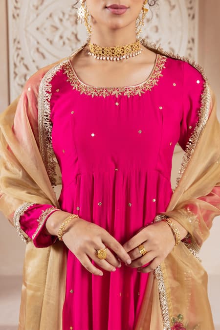 Rivaaj Clothing Pink Organza, Modal Sequins, Embroidery Floral Vine Anarkali Set With Dupatta at Aza Fashions Rivaaj Clothing_Pink Organza, Modal Sequins, Embroidery Floral Vine Anarkali Set With Dupatta _at_Aza_Fashions