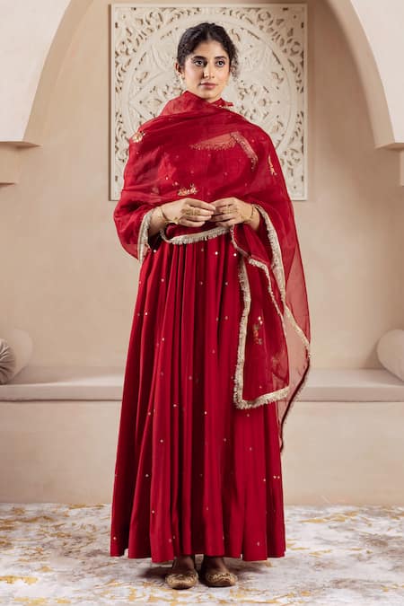 Shop Rivaaj Clothing Maroon Organza, Modal Sequins Round Neck Floral Vine Embroidered Anarkali Set at Aza Fashions Shop_Rivaaj Clothing_Maroon Organza, Modal Sequins Round Neck Floral Vine Embroidered Anarkali Set _at_Aza_Fashions
