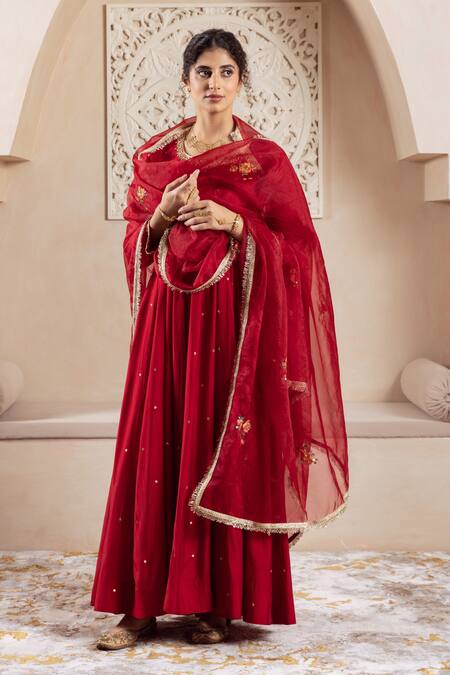 Buy Rivaaj Clothing Maroon Organza, Modal Sequins Round Neck Floral Vine Embroidered Anarkali Set Online at Aza Fashions Buy_Rivaaj Clothing_Maroon Organza, Modal Sequins Round Neck Floral Vine Embroidered Anarkali Set _Online_at_Aza_Fashions