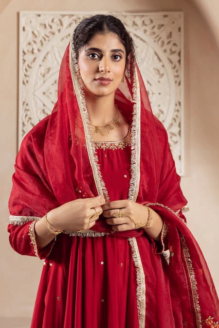 Shop Rivaaj Clothing Maroon Organza, Modal Sequins Round Neck Floral Vine Embroidered Anarkali Set Online at Aza Fashions Shop_Rivaaj Clothing_Maroon Organza, Modal Sequins Round Neck Floral Vine Embroidered Anarkali Set _Online_at_Aza_Fashions