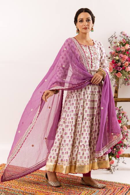 Rivaaj Clothing_Purple Cotton, Kota Doria Patti Wildbloom Handblock Print Anarkali Set_Online_at_Aza_Fashions