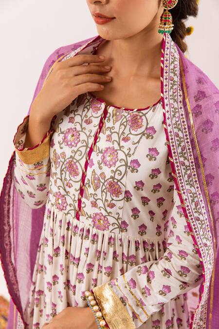 Buy_Rivaaj Clothing_Purple Cotton, Kota Doria Patti Wildbloom Handblock Print Anarkali Set_Online_at_Aza_Fashions