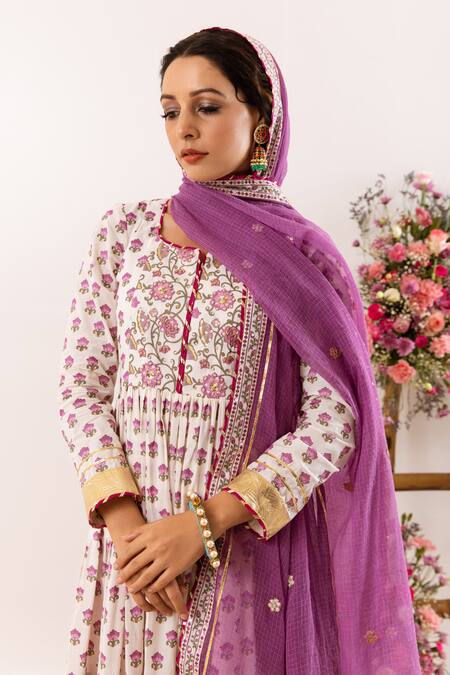 Shop_Rivaaj Clothing_Purple Cotton, Kota Doria Patti Wildbloom Handblock Print Anarkali Set_Online_at_Aza_Fashions