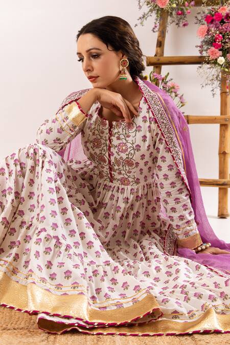Rivaaj Clothing_Purple Cotton, Kota Doria Patti Wildbloom Handblock Print Anarkali Set_at_Aza_Fashions