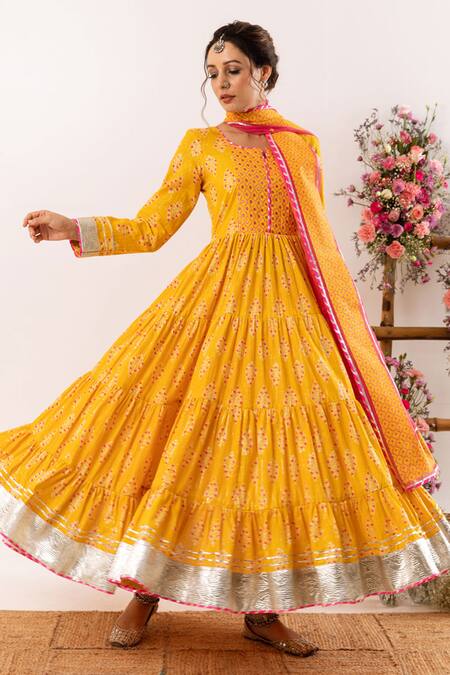 Rivaaj Clothing_Yellow Cotton, Kota Doria Sequins, Crest Handblock Print Tiered Anarkali Set _Online_at_Aza_Fashions