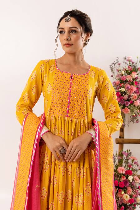 Buy_Rivaaj Clothing_Yellow Cotton, Kota Doria Sequins, Crest Handblock Print Tiered Anarkali Set _Online_at_Aza_Fashions