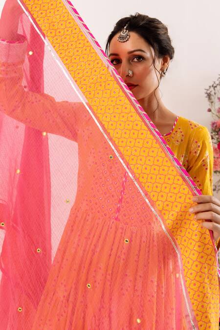 Shop_Rivaaj Clothing_Yellow Cotton, Kota Doria Sequins, Crest Handblock Print Tiered Anarkali Set _Online_at_Aza_Fashions