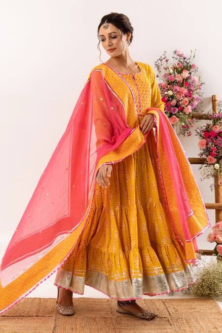 Rivaaj Clothing_Yellow Cotton, Kota Doria Sequins, Crest Handblock Print Tiered Anarkali Set _at_Aza_Fashions