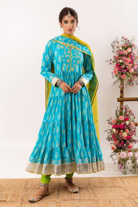 Rivaaj Clothing_Blue Cotton, Kota Doria Patti, Bloom Crest Handblock Print Anarkali Set _Online_at_Aza_Fashions